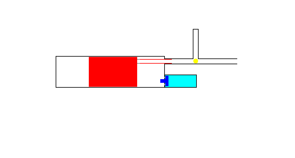 The bolt is returning to the valve now. On the way it selects a round from the magazine and moves it forwards. The bolt is being propelled by a spring, which is not shown in this diagram.