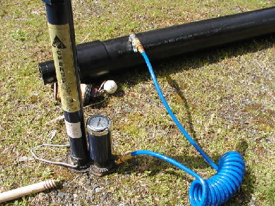 Pressure Test 2009.  <br />The core leaks a little due to the saw cut o ring grooves, so the 85 PSI test pressure bled to just over 80 by the time I grabbed the camera.<br /><br />I gotta make a new valve core for this.