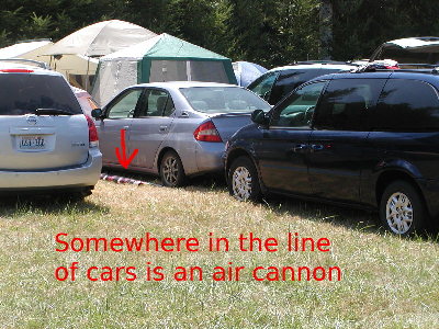 Air cannon in the line of cars.  This is the launch point.  The little compressor ran almost non stop for 2 hours in the afternoon.  The car and inverter handled the load just fine.