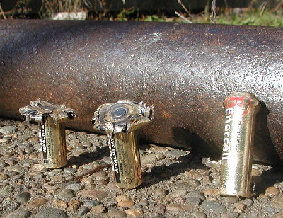 Various AA battery impact tests.  The pipe didn't dent at all.<br /><br />Truth be told, I tested on a scrap piece of pipe.  I didn't risk damaging the valve.