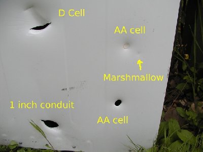 The marshmallow made a wimpy dent compared to some other ammo.<br /><br />The D cell dent and conduit hole is from another cannon