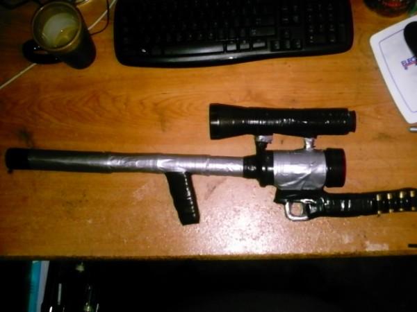 the third one is called the Riot maker, it has a seasond salt container for the chamber, the barrell detaches from the gun so you can load the potato (also to fire as a snub nose), the scope i made out of old pair of binoculars and a toiletpaper roll. what can i say i get bored easy...lol