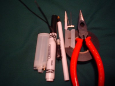 pic of materials/tools you will need<br />Crayola marker, pen, piezo, electrical tape, fuel, razor blade, t-pins, pliers, ammo