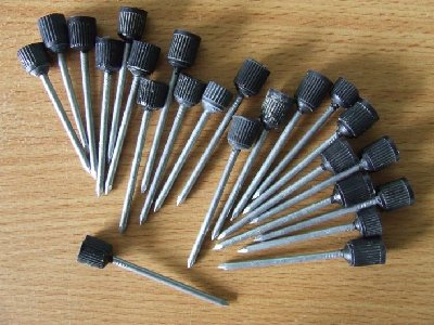 These are my standard ammunition. They are 50mm nails pushed through a tyre valve cap. <br /><br />The valve caps are a perfect fit for my 10mm barrel (although some need a wee trim).<br /><br />After the nail is pushed in I fill the caps with hot glue. <br />These work extremely well, they fly nice and straight and can easily be mass produced.<br />I'm working on how to make them even better but that will come another time.
