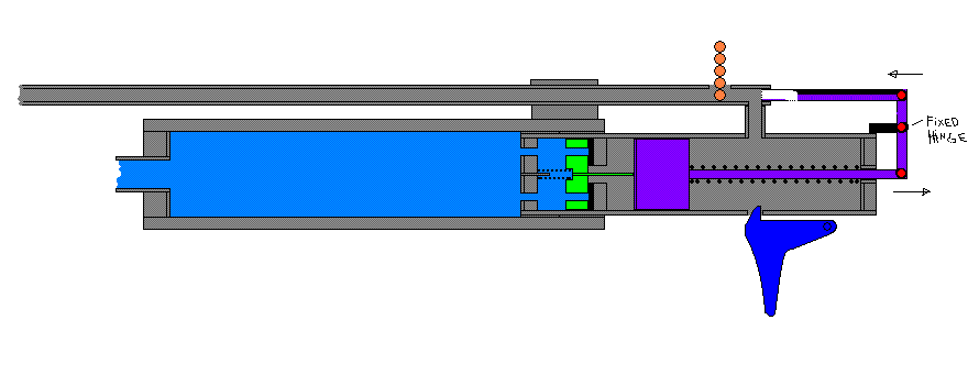 The red dots are hinges. So when the hammer moves back the upper tube that slides in the barrel moves forwards and seals the load port. In that tube there is a hole to port through the air.