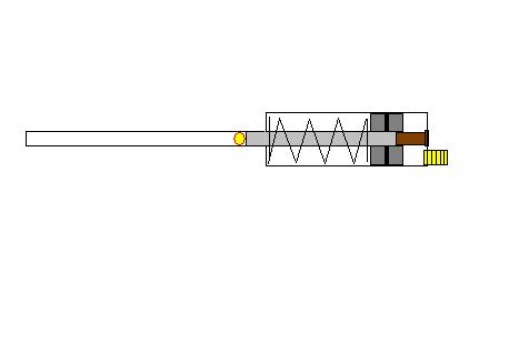 Cut in half view. Basically, when air is applied, it pushes the piston off the solid metal (which blocks the the air from escaping through the tube). Then the tube hits the bb in the barrel. Since the piston is off the piece of solid metal, it allows the air to escape after the bb has been hit.