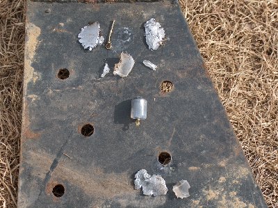 Steel plate shots.jpg (264.88 KiB) Viewed 5228 times Showing two different impacts and pieces I was able to find. Also unfired round for comparison. Shots were @ 400psi and 2 yards range. 1/2 ounce fishing weight/hot glue ammo.