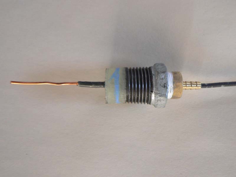 Spark plug made from 1/2&amp;quot;x1/4&amp;quot; reducer and 1/4&amp;quot;x5/16&amp;quot; hose barb filled with epoxy