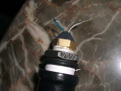 spark plug made by filling the brass bushing with FastSteel ,epoxy putty and putting two paper clips in.